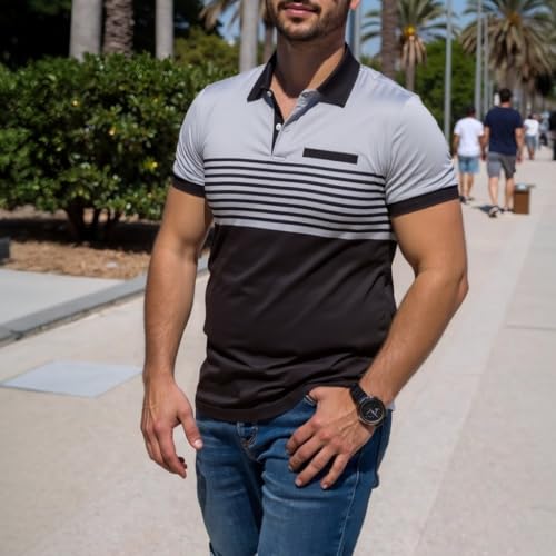 Men's Casual Polo Shirts Fashion Color Block Striped Slim Fit T-Shirts Short Sleeve Golf Tops3