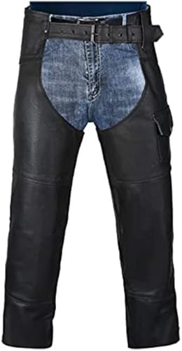 HWK Motorcycle Leather Chaps for Men and Women, Black Motorcycle Chaps for Road Rash Protection and All-Weather Comfort, Cowboy Chaps for Enduro Motorsport Motorbike Riding, Waist 34''