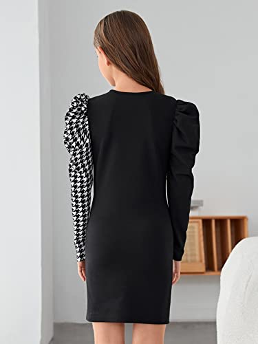 WDIRARA Girl's Houndstooth Long Gigot Sleeve Round Neck Fitted Party Mini Dress2