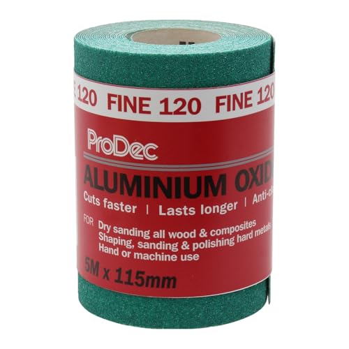 ProDec Rollo de 5 m de papel de lija abrasivo de óxido de aluminio verde de grano fino 120 para lijar madera, pintura, yeso, masilla, metal y más, 115 mm de ancho, compatible con lijadoras a máquina