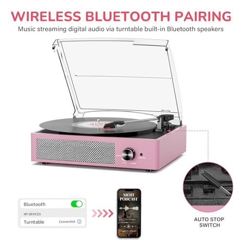 Image of Record Player with Speakers Belt-Driven Vintage Turntables 3 Speed 3 Size Wireless Bluetooth Playback AUX-in RCA Out Headphone LP Vinyl Players Auto Stop Purple Pink