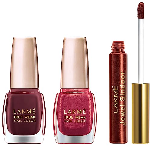 Image of Lakme Jewel Liquid Sindoor, Maroon, With Sponge Tip Applicator,4. 5 ml & Lakme True Wear Nail Polish, Reds and Maroons 401, 9 ml & Lakme True Wear Nail Color, Shade 506, 9 ml