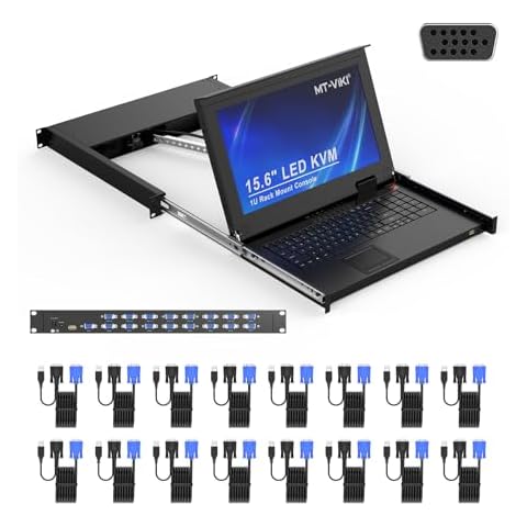 MT-VIKI 16 Port VGA KVM Console, 1U Rack Mount KVM Console w/15.6'' LCD Monitor, 1080P All-in-ONE LCD KVM Console Integrated Touchpad+Keyboard+Drawer+16 KVM Cables Cover