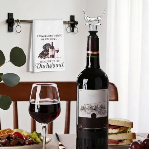 Image of Funny Dachshund Wine Kitchen Towels with Wine Bottle Stopper 24x14 Inch, Dachshund Gifts Reusable Dish Towels for Kitchen Bars Decor, Weiner Dog Gifts for Women Men Christmas Birthday Gift-2