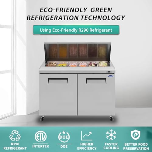 Image of Commercial Refrigerators,48 inch Cold Storage Worktop,Sandwich & Salad Prep Table with Butcher Block and Protection Lid,Defrost System,12 Food Pans Up to 4 inch Deep,for Restaurant,Bar,ETL Certified,Silver