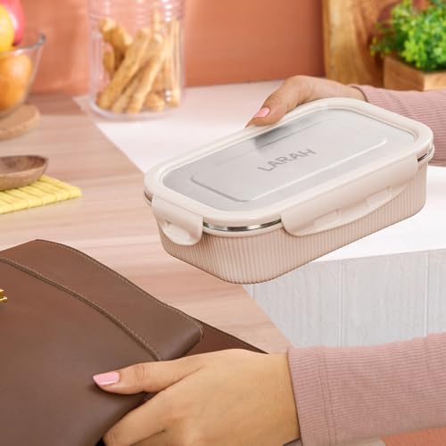 Image of Larah by BOROSIL Freshbyte Food Storage Container with Airtight Stainless Steel Lid | Fridge Container for Lunchbox | Food Grade | Microwave Safe (Beige, 800 ml, Rectangular)