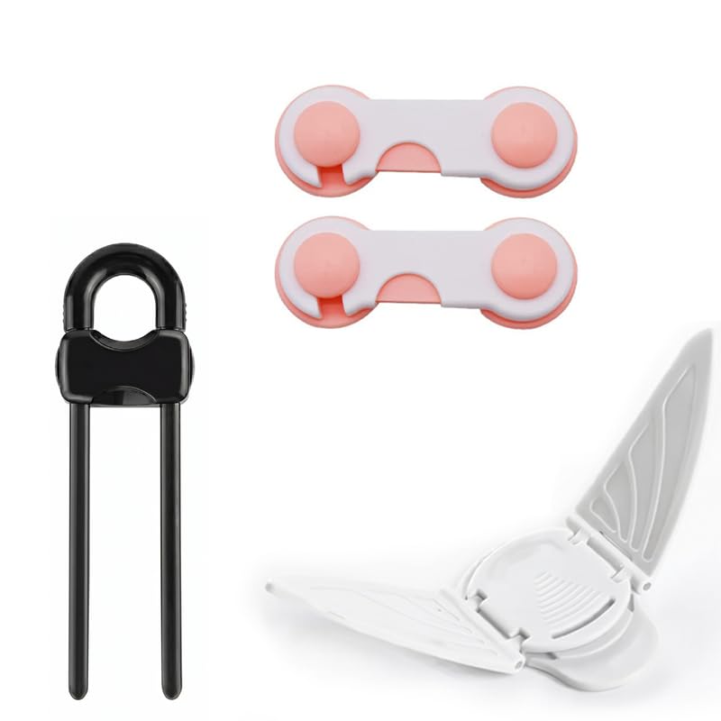 Image of Safe-O-Kid Cabinet Safety Combo | 1 U Shape Cabinet Lock, 2 Smiley Ends Locks & 1 Butterfly Window Guard | Baby Proofing Cabinet Safety for Babies & Toddlers - Assorted