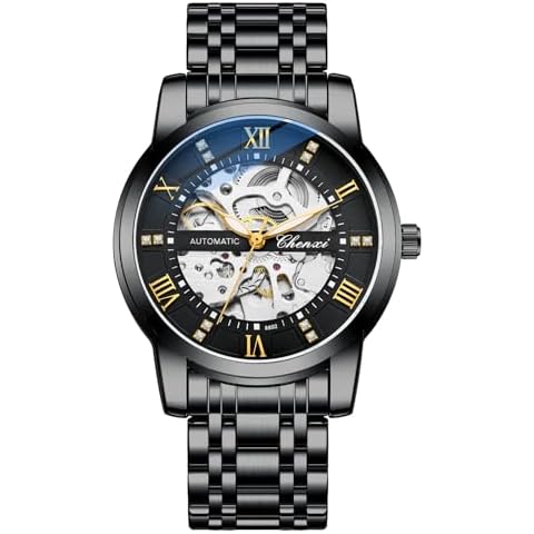 Verhux Men's Automatic Skeleton Watches Self Winding Mechanical Black Two Tone Stainess Steel Waterproof Wrist Watches Cover