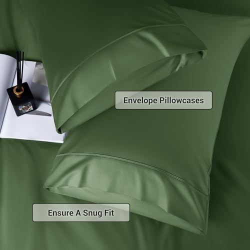 Image of Shilucheng 4 Piece Queen Sheet Sets, Cooling Sheets, Blend Rayon Derived from Bamboo, Deep Pocket Up to 16 inch, Breathable & Soft Bed Sheets, Hotel Silky Bedding Set, Olive Green