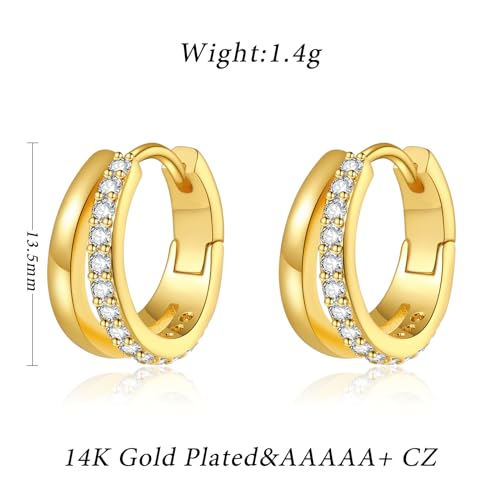 Small Hoop Earrings for Women 14k Gold plated 925 Sterling Silver Post Earrings Dainty Double Huggie Hoop Earrings Hypoallergenic Cubic Zirconia Earrings Trendy Jewelry Gifts for Women4