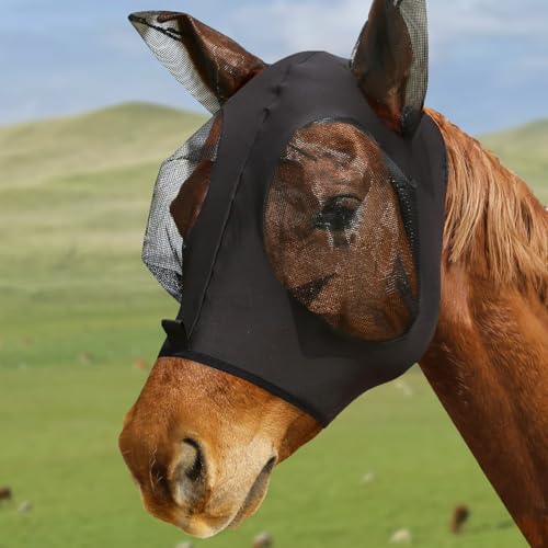 Máscara Anti-Moscas Protección con Orejas, Elasticidad Máscara de Mosca, Máscara Anti Moscas para Caballo, Excelente Comodidad con Protección UV, Máscara Estándar para Caballos