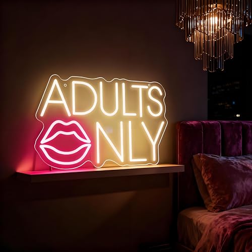 Image of Adults Only Neon Sign with Lips, Warm Yellow and Pink LED Neon Light for Wall Decor, Dimmable Sexy Signs for Home Bar, Club, Man Cave, Bachelor Party, Bedroom, Apartment Aesthetic Art (10.4 inch x 16.5 inch)