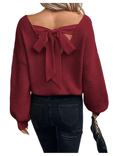 Image of GORGLITTER Women's Bow Fall Sweaters 2025 Cable Knit Chunky Oversized Long Sleeve Backless V Neck Pullover Tops