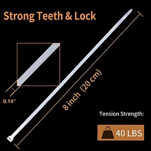 Dekun Cable Zip Ties 8 Inch (1,000 Packs), Durable 40 Lb Strength Nylon Electronic Cable Management Ties (8 Inch, White, 1000 Pieces) #TOP2