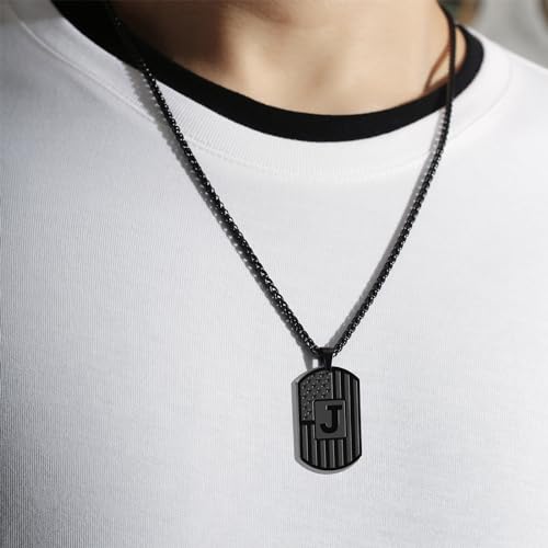 Bellino Initial A-Z Letter Necklace for Men Boys Kids Teen, Stainless Steel American Flag Dog Tag Pendent Chain Jewelry Birthday Gifts for him boyfriend husband dad 24Inches2