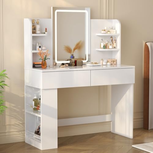 Devoko Coiffeuse avec Miroir LED, Luminosité Réglable, 108x40x136cm, Table de Maquillage avec 2 Grand Tiroirs, 4 Étagères et Rangement Latéral, Coiffeuse Moderne pour Fille (Blanc)