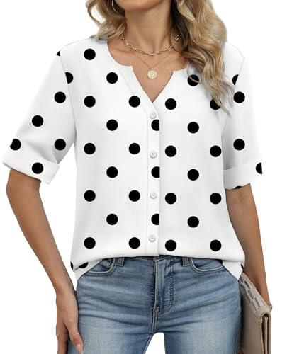 Image of OFEEFAN Button Down Shirts for Women 3 /4 Length Sleeve Tops V Neck Blouses Business Casual Outfits Loose Fit