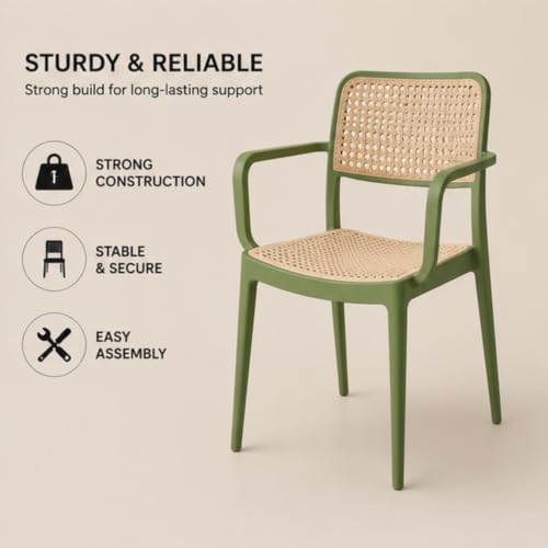 Image of NARSA Modern Rattan Style Dining Chair for Home & Cafe | Cane Pattern Plastic Chair with Ergonomic Backrest | Lightweight & Durable Indoor Outdoor Seating Chair (Green, with Arm, Set of 2)