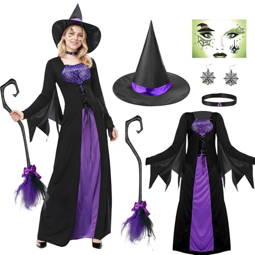 TOSZOLY Halloween Hexenkostüm Damen, Hexenkostüm für Erwachsene Hexenkostüm Damen Set mit Hexenhut, Hexenbesen, Halloween Kostüm Kleid für...