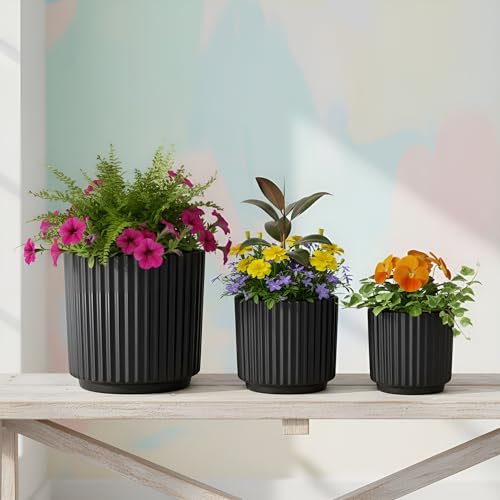 Image of Xtore Architectural Ceramic Ribbed Planter Set | Matte Finish Cylindrical Plant Pots for Home, Office & Living Room Decor - (Set of 3, Black, Planter ONLY)