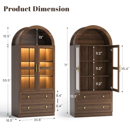 Image of Pamapic Arched Kitchen Pantry Cabinet, 71 inch Tall Arched Cabinet with LED Light & Glass Doors, Farmhouse Kitchen Storage Cabinet with 2 Large Drawers, Wooden Pantry for Dining Room, Living Room (Brown)