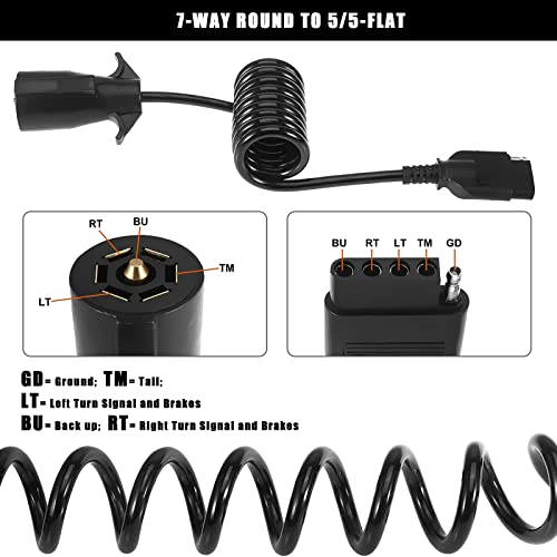 Apexedc 7 Way Round To 5 Way Pin Flat Trailer Wire Coiled Wiring Harness Connector Adapter Plug & Play Trailer Rv Blade Vehicle-Side Trailer Connector For Truck Rv Trailer Full Length 5Ft (60In) #TOP3