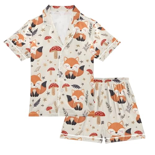 senya Serene Foxes with Mushrooms Satin Summer Pajama Sets Silk Short Sleeve Button Down Sleepwear
