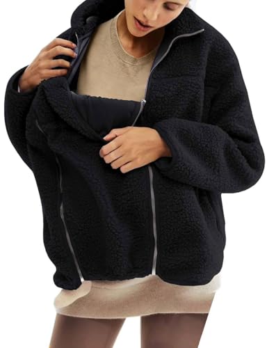 YEMORCH Maternity Coat Winter Mom Cozy Thicken Fleece Jacket(Black