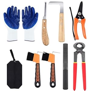 9 Pcs 8 Inch Goat Hoof Trimmer Kits Farrier Tool Rasp Hoof File Goat Pig Equine Metal Shears Farriers Hoof Nipper Cutter Handle Knife Gloves Horseshoe Brush Goat Supplies