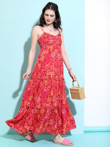 Image of Tokyo Talkies Womens Shoulder Straps Floral Printed Maxi Dress | Tiered & Ruched | Perfect for Vacations, Brunches & Summer Outings | Dress for Women | Women Dress | Stylish Women Dress