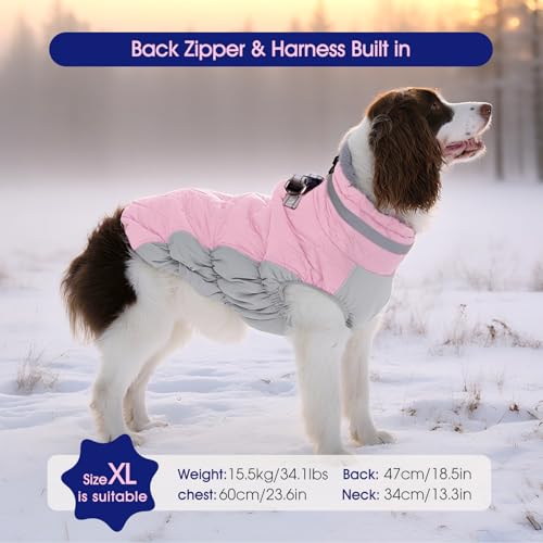 Image of FUAMEY Dog Cold Weather Coats Reflective Dog Warm Jacket with Harness | Fleece Winter Coat for Large Dogs Snow Puffer Vests with Zipper Reflective Turtleneck Jackets for Winter Pink XL