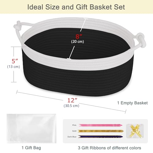 Image of Small Empty Gift Basket with Bag & Ribbons, White & Black