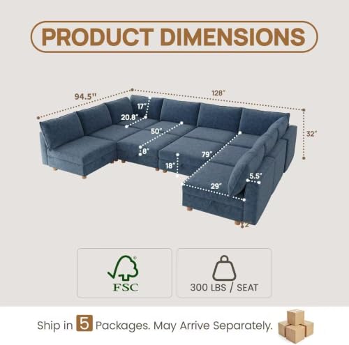 Image of 128 inch Chenille Modular Sofa Bed with Washable Covers & Storage, 10-Seater Modular Sectional Sleeper Sofa Bed with Movable Ottoman Chaise, Convertible Sleeper Sectional Couches for Living Room, Blue