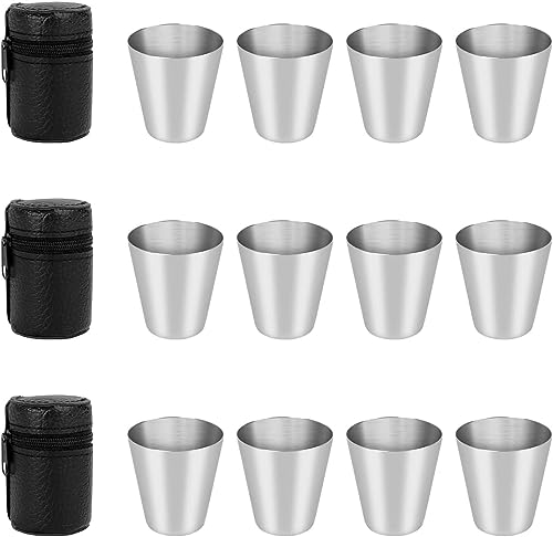 MINISOISO 12 Stück 30ml Edelstahlbecher, Klein Schnapsbecher Edelstahl mit 3 Lederetui, Flachmann Becher, Stapelbare Trinkbecher, Tragbar Metallbecher für Outdoor Urlaub