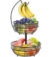 JKFGYTHG Cesto di Frutta a 2 Livelli con appendino per Banane, scaffale da banco per Frutta e Verdura e Ciotola in Metallo per Frutta e Verdura, Uova e Pane (Nero