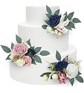 Rinlong 3Pcs Pre-Made Cake Toppers Navy Blue Flowers Cake Decorations Wedding Cake Decorating Flowers Decor Birthday Baptism Par - View #3