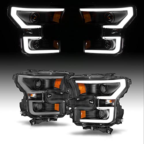 AmeriLite Black Dual Intense LED Bar Stripe Dual Projector Headlights Pair for 2015 2016 2017 Ford F150 F-150