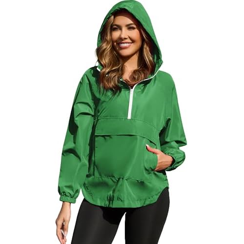 PESION Womens Packable Waterproof Raincoat Lightweight Rain Jacket, Running Cycling Hiking Windbreaker Pullover Jackets Green Large
