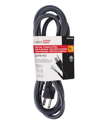 Image of nVent Gardner Bender PS613163 3-Wire Appliance and Power Tool Cord, 6 ft, 16 AWG, 13A /125V AC, 1625W, Heavy Duty Replacement Power Cable, Ground NEMA 5-15 (Formerly: Bergen Industries)