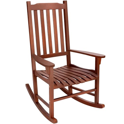 PrimeZone Outdoor Rocking Chair for Adult - Heavy Duty FSC Certified Acacia Wood Patio Chairs, High Back Weather Resistant Porch Rocker, Wooden Rockers for Garden, Backyard, Lawn, Indoor, Br