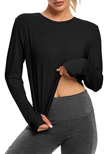 Bestisun Long Sleeve Exercise Sports Tops Workout Womens Activewear Long Sleeve Running Tennis Hiking Casual Sports Dance Shirts Workout Training Clothes Black M #TOP3