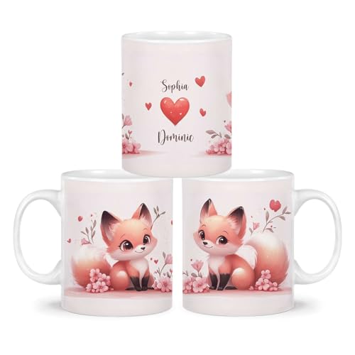 Adorable Custom Fox Couple Coffee Cup, Valentine Ceramic Mug, Gift For Boyfriend Girlfriend, Romantic Full Wrap Cup, Customized White Mug, Personalized Name Love Cup 11oz 15oz, 1PCS