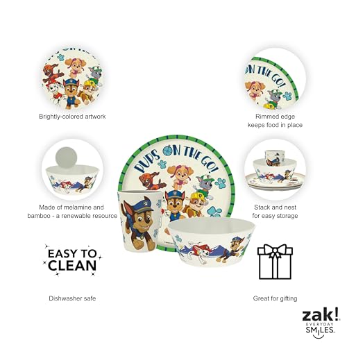 Image of Zak Designs PAW Patrol Kids Dinnerware Set 3 Pieces, Durable and Sustainable Melamine Bamboo Plate, Bowl, and Tumbler are Perfect For Dinner Time With Family (Chase, Marshall, Skye & Friends)