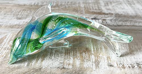 Top Brass 7" Glass Dophin/Porpoise Glass Figurine - Swirly Blue And Green Sculpture - Nautical Ocean Beach Coatal Art - Collectible, Home Decor, Paperweight, Aquarium Sea Animal Ornament #TOP3