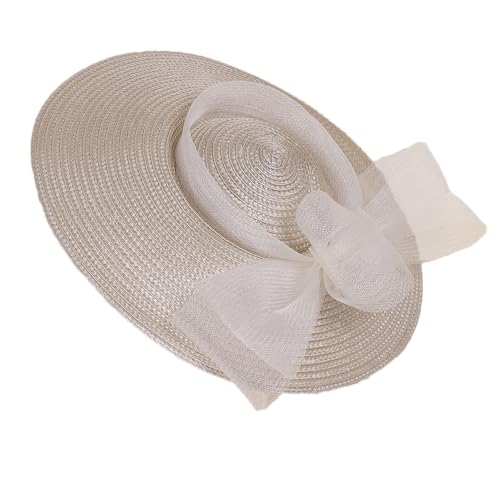 Champagne Wide Brim Straw Cocktail Fascinators Hat for Women With Mesh Bow