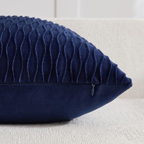 DEZENE Navy Vertical Ripple Striped Couch Pillow Cases: Pack of 2 20x20 Inch Velvet Square Throw Pillow Covers for Couch Sofa Bed Living Room Home Decor by DEZENE - Used condition - Image 3