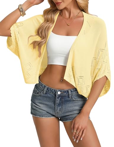 GRACE KARIN Women Short Sleeve Cardigan 2026 Summer Lightweight Cardigans for Women Boho Kimono Cover Up Butter Yellow 2XL