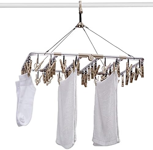 ANVINKU Sock Dryer, Aluminum 46 Pegs Sock Hanger for Washing Line, Folding Clothes Drying Rack with Windproof Hook, Hanging Clothes Airer for Socks, Underwear, Baby Clothes & Hats