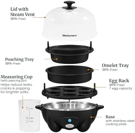 Elite Gourmet EGC-007B# Rapid Egg Cooker, 7 Easy-To-Peel, Hard, Medium, Soft Boiled Eggs, Poacher, Omelet Maker, Auto Shut-Off, Alarm, 16-Recipe Booklet, BPA-Free, Black - 5