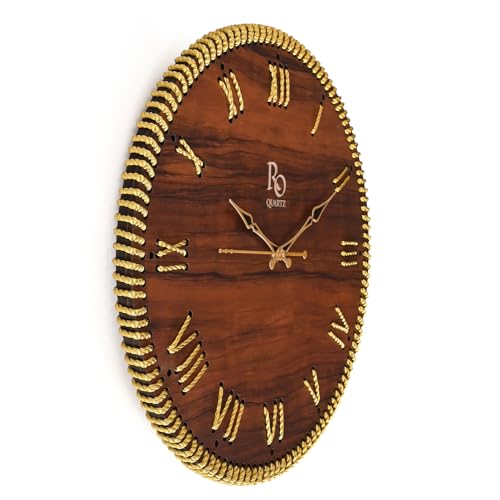 Image of Wooden Round Shape Roman Dial Wall Clock with Gold Zari Rope Detailing and Golden Hands | Silent Quartz Movement Anti Reflection Analog Vintage Clock for Home & Office (Brown, 15.5 Inch)
